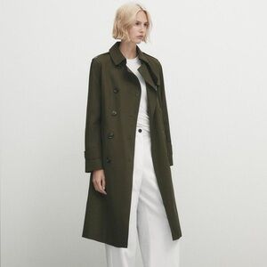 Massimo Dutti Women’s Olive Green Relaxed Fit Double Breasted Trench Coat Sz XS